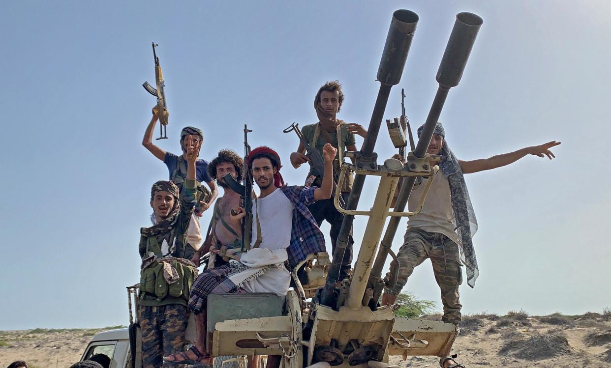 Fighters loyal to Yemen's Southern Transitional Council (STC) during clashes with pro-government forces for control of Zinjibar, the capital of the southern Abyan province: Photo by NABIL HASAN/AFP via Getty Images