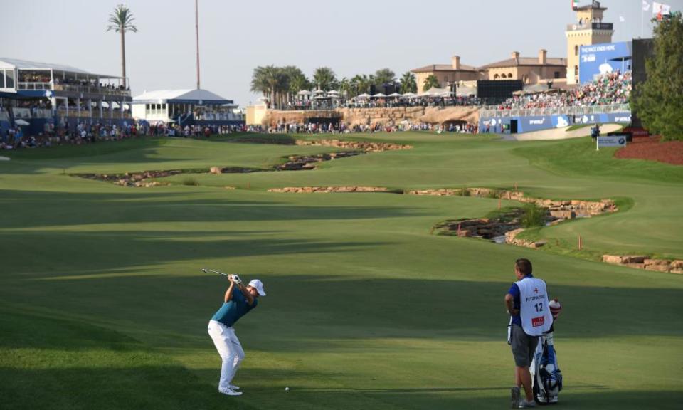 Matt Fitzpatrick plays his second shot on the 18th hole during round two at Jumeirah Golf Estates.