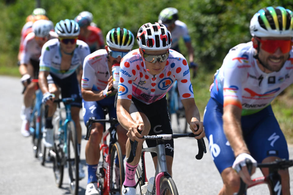 PUY DE DME FRANCE  JULY 09 Neilson Powless of The United States and Team EF EducationEasyPost  Polka Dot Mountain Jersey competes in the breakaway during the stage nine of the 110th Tour de France 2023 a 1824km stage from SaintLonarddeNoblat to Puy de Dme 1412m  UCIWT  on July 09 2023 in Puy de Dme France Photo by Tim de WaeleGetty Images