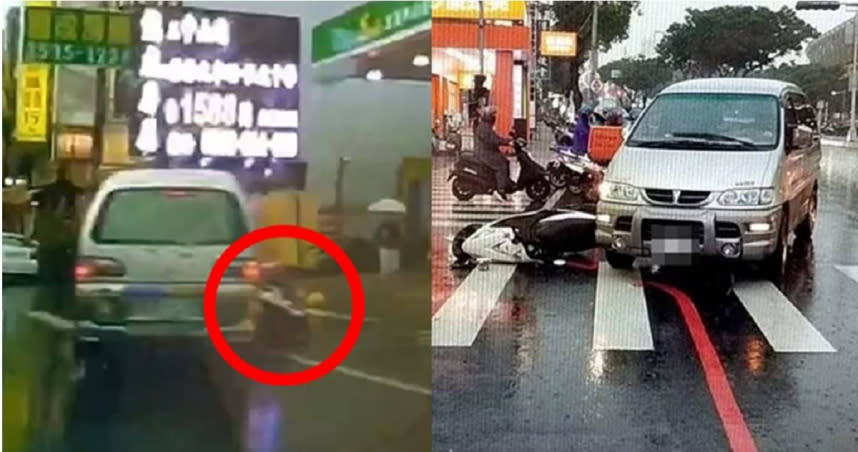 護理師在雨天騎車時，先是連續超越2台車後，過路口時在一輛廂型車旁，沒想到廂型車準備右轉進加油站，當場撞倒女騎士並輾過，女騎士不治。（圖／翻攝畫面）