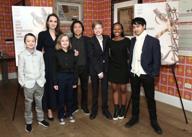 Angelina Jolie with children attend 'The Boy Who Harnessed The Wind' Special Screening at Crosby Street Hotel on February 25, 2019 in New York City.