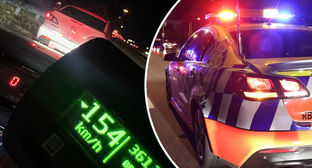 A split image of the P-plater being pulled over for speeding and a NSW Highway Patrol car. 