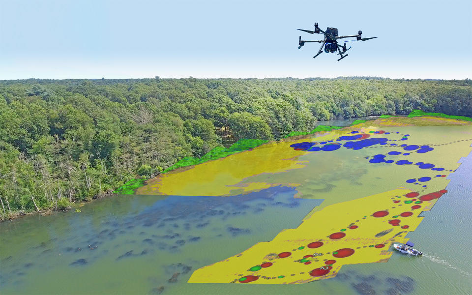 Illustrative example of drone flights by Headwall Photonics with partner Coastal Ocean Vision to detect and phenotype harmful algal blooms in waterways using hyperspectral imaging. Color overlay shows different waterborne plants and cyanobacteria detected and mapped using a commercially available compact, lightweight UAV system by Headwall. Ground-truth data was captured by a surface watercraft simultaneously water-sampling below using Raman-imaging flow cytometry.