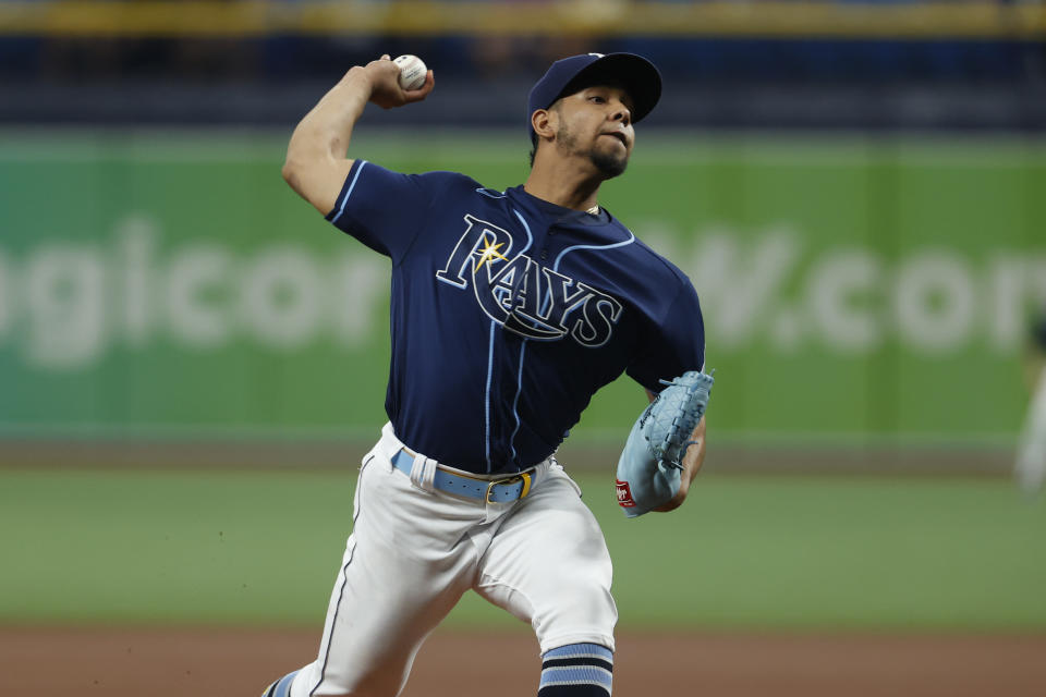 Tampa Bay Rays pitcher Luis Patino works from the mound against the Detroit Tigers during the first inning of a baseball game Friday, Sept. 17, 2021, in St. Petersburg, Fla. (AP Photo/Scott Audette)