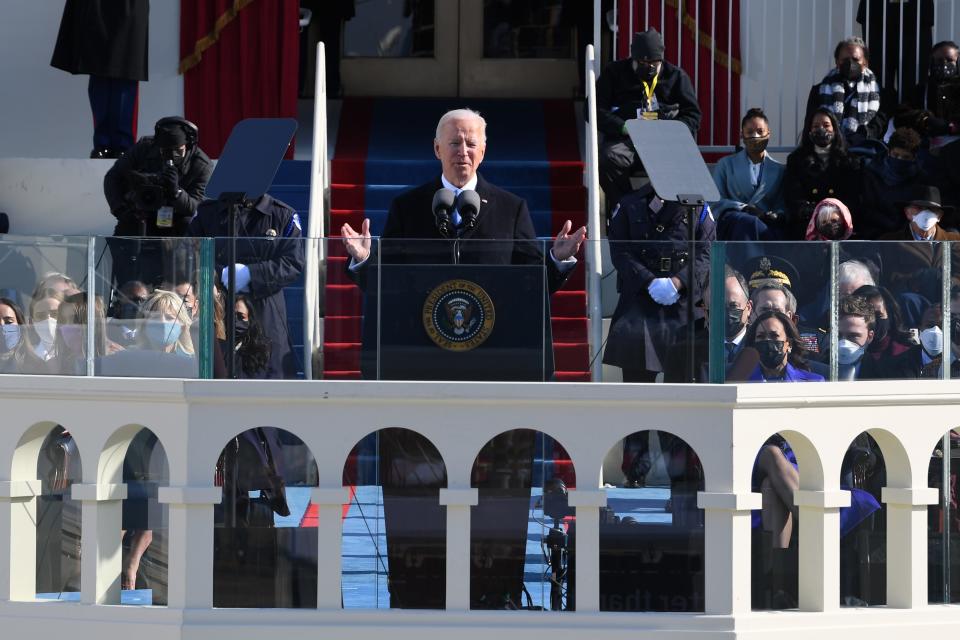 President Joe Biden addresses the nation after being sworn in during the 2021 Presidential Inauguration of President Joe Biden and Vice President Kamala Harris at the U.S. Capitol.