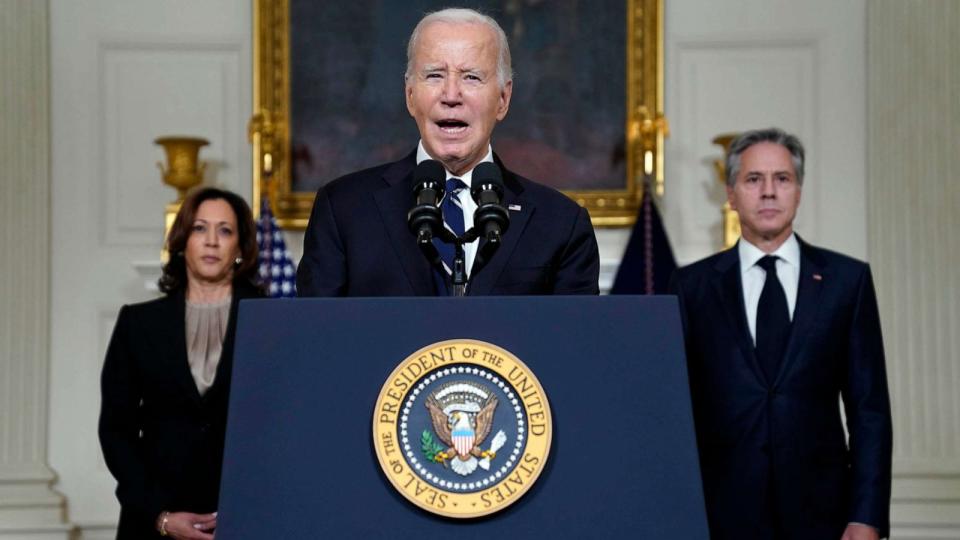 PHOTO: President Joe Biden speaks, Oct. 10, 2023, in the State Dining Room of the White House in Washington, about the war between Israel and the militant Palestinian group Hamas, as Vice President Kamala Harris and Secretary of State Antony Blinken liste (Evan Vucci/AP)