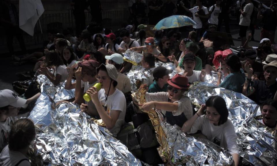 Activists from Youth for Climate stage a sit-in in Paris.