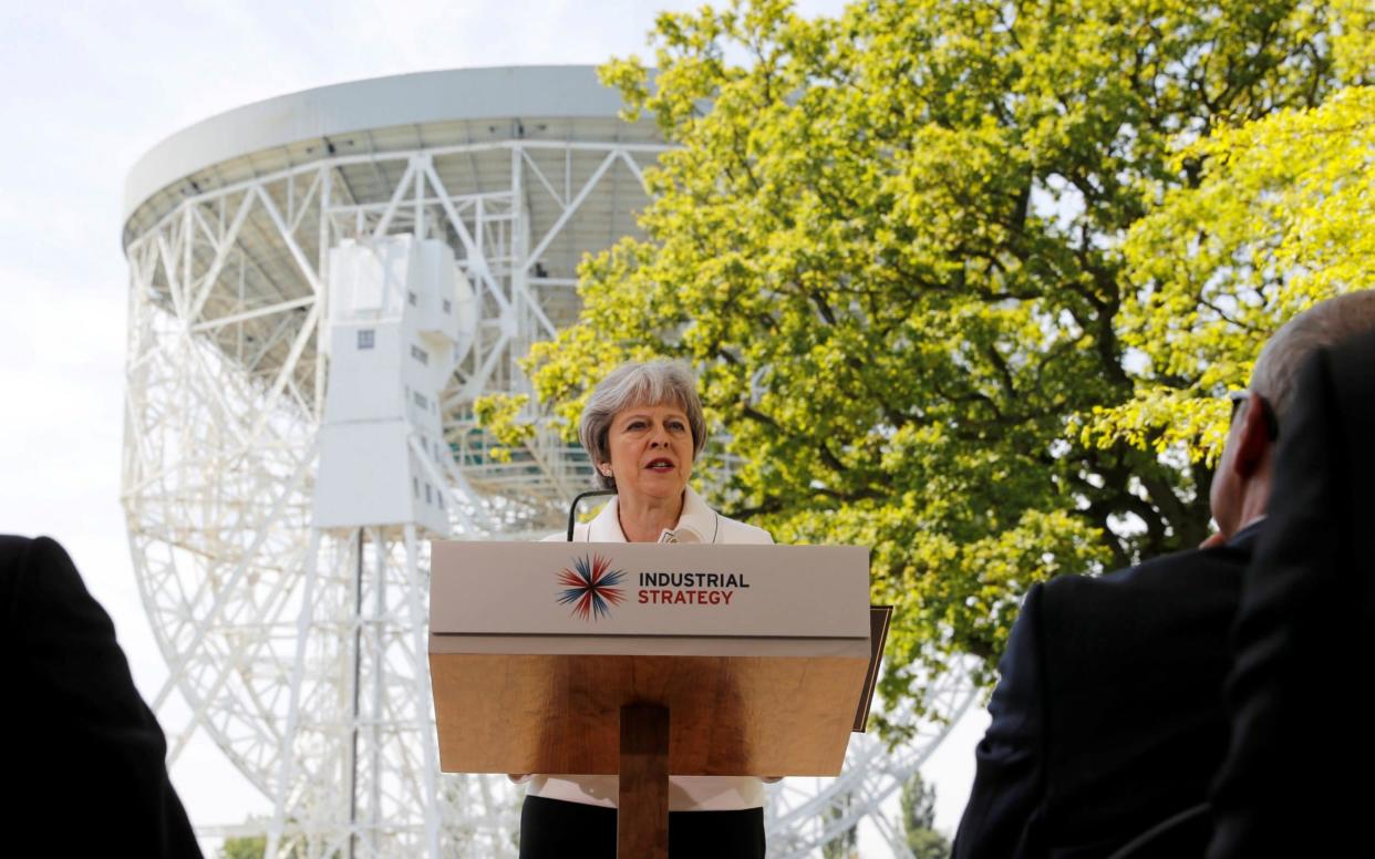 Theresa May delivers a speech in front of the Jodrell Bank Observatory near Macclesfield - REUTERS