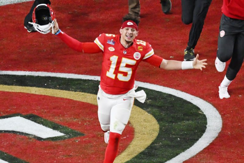 Kansas City Chiefs quarterback Patrick Mahomes celebrates winninbg Super Bowl LVIII on Sunday at Allegiant Stadium in Las Vegas. Photo by Jon SooHoo/UPI