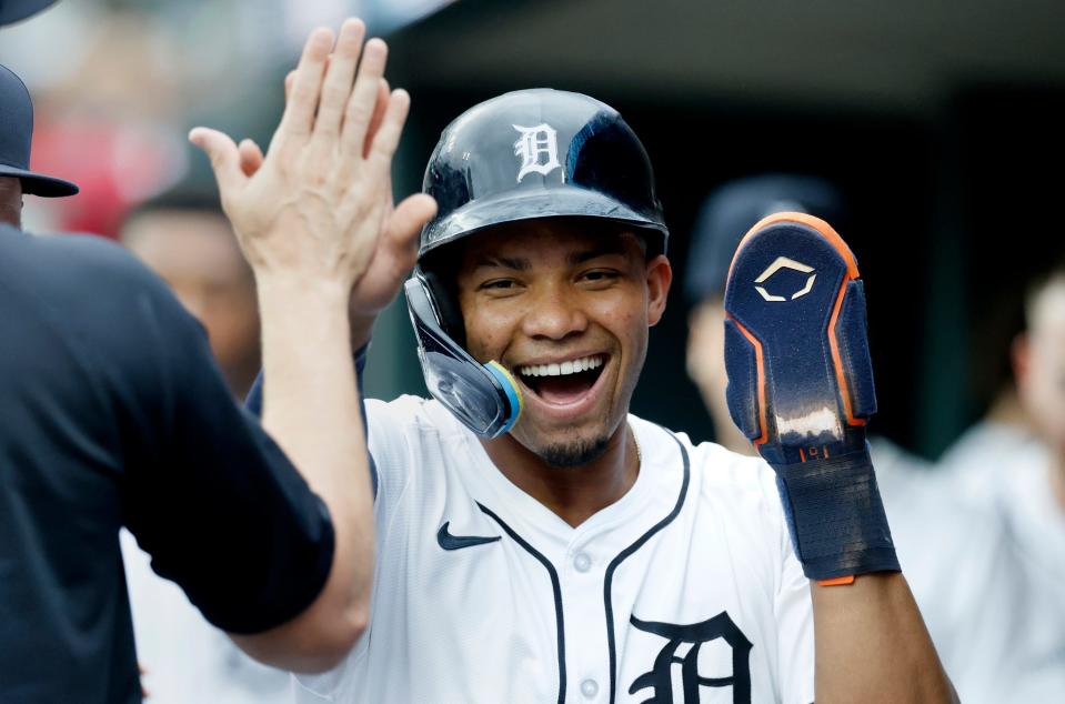 Wenceel Perez of the Detroit Tigers celebrates after scoring against the Cleveland Guardians on a triple by Colt Keith during the first inning at Comerica Park in Detroit on Wednesday, July 10, 2024.