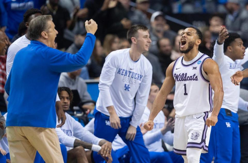 Kansas State’s Markquis Nowell lets out a yell in the direction of Kentucky coach John Caliper after hitting a three-pointer and getting a stop on the other end during the second half of their second round NCAA Tournament game in Greensboro, NC on Sunday.