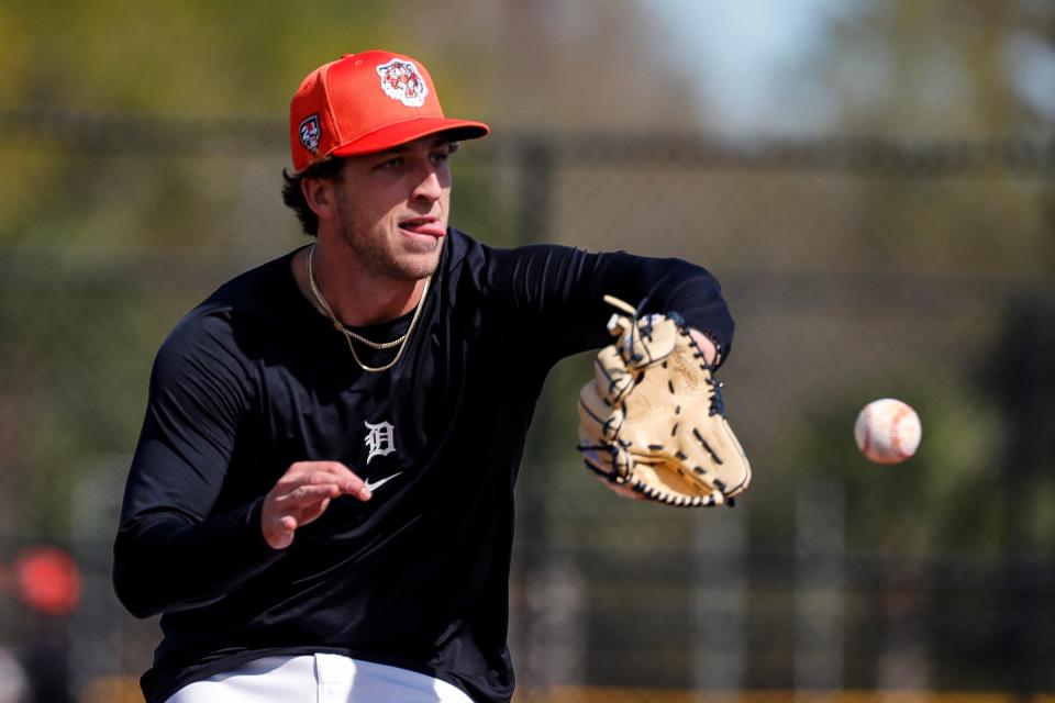 Detroit Tigers pitcher Beau Brieske practices during spring training at Tigertown in Lakeland, Fla. on Wednesday, Feb. 14, 2024.