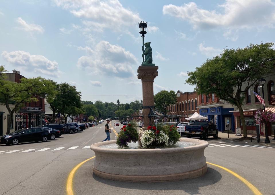 The iconic bear fountain sits in the center of Main Street in Geneseo.