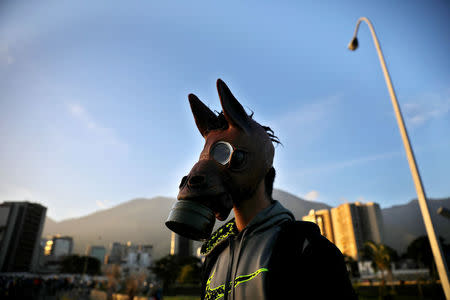 A protester stands wears a horse mask over a tear gas mask during clashes with riot security forces while rallying against President Nicolas Maduro in Caracas, Venezuela, May 18, 2017. REUTERS/Carlos Barria