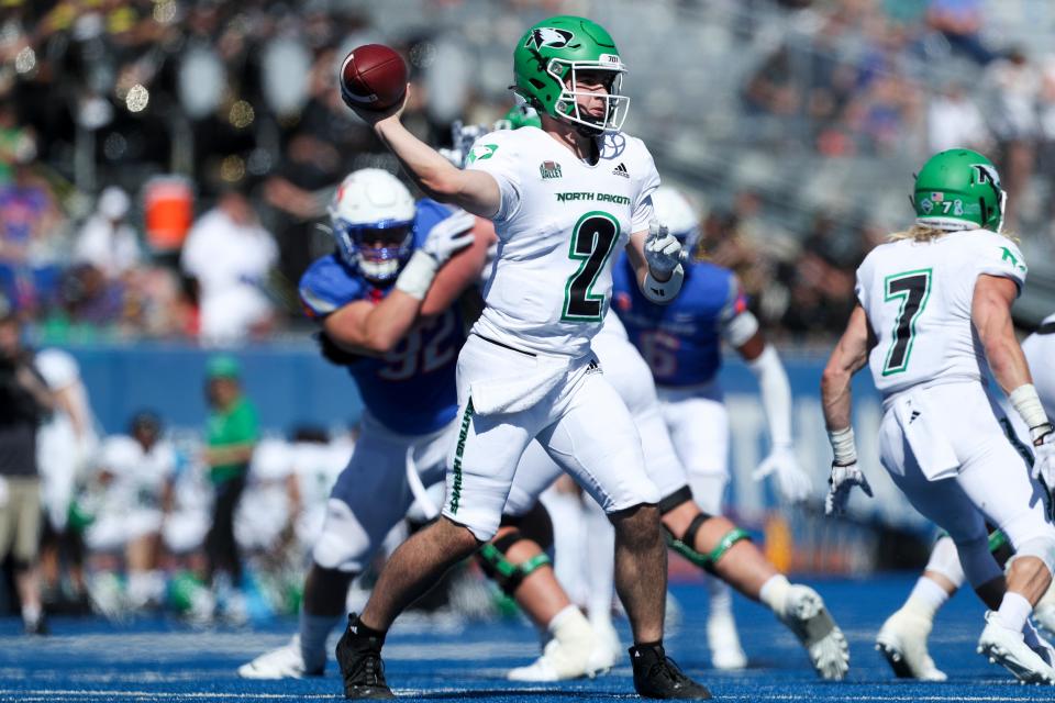 North Dakota quarterback Tommy Schuster throws a pass during the second half against Boise State at Albertsons Stadium, Sept. 16, 2023 in Boise, Idaho.