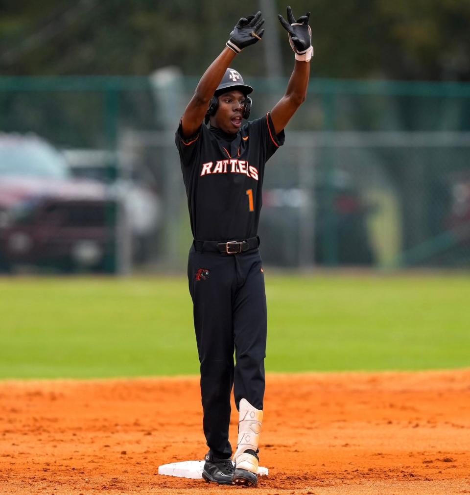 Florida A&M Rattlers shortstop celebrates on base during the opening day game against the Eastern Illinois Panthers at Moore-Kittles Field in Tallahassee, Florida, Friday, February 16, 2024.
