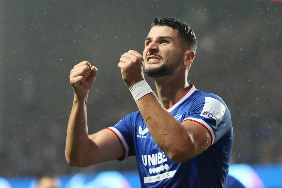 Rangers' Antonio-Mirko Colak celebrates scoring their side's first goal of the gameduring the Champions League qualifying match at Ibrox, Glasgow. Picture date: Tuesday August 16, 2022. (Photo by Steve Welsh/PA Images via Getty Images)