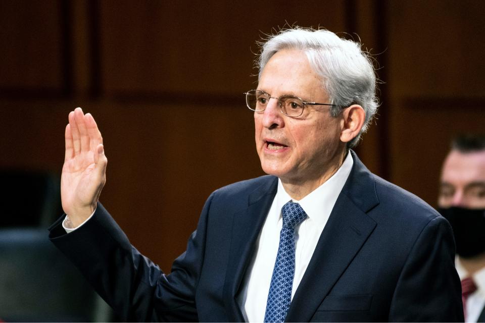 Judge Merrick Garland, nominee to be Attorney General, is sworn in at his confirmation hearing before the Senate Judicary Committee, Feb. 22, 2021 on Capitol Hill in Washington. 