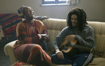 This image released by Paramount Pictures shows Kingsley Ben-Adir, right, and Lashana Lynch in "Bob Marley: One Love." (Chiabella James/Paramount Pictures via AP)