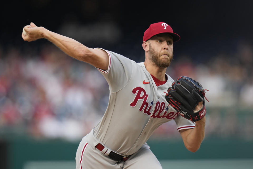 Philadelphia Phillies starting pitcher Zack Wheeler throws to the Washington Nationals in the first inning of a baseball game, Friday, June 2, 2023, in Washington. (AP Photo/Patrick Semansky)