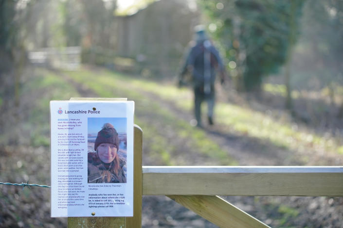 A missing person notice attached to a gate in St Michael&#39;s on Wyre, Lancashire, where officers from Lancashire Police are searching for Nicola Bulley, 45, from Inskip, Lancashire, who was last seen on the morning of Friday January 27, when she was spotted walking her dog on a footpath by the River Wyre. Picture date: Monday January 30, 2023. (Photo by Peter Byrne/PA Images via Getty Images)