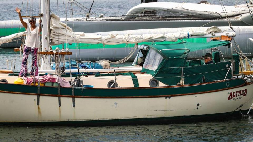 Margie and Larry Linder of Cayucos arrive in Morro Bay Harbor on Wednesday, Sept. 6, 2023, after spending more than eight years circumnavigating the globe their 32-foot-long sailboat, Aletha.