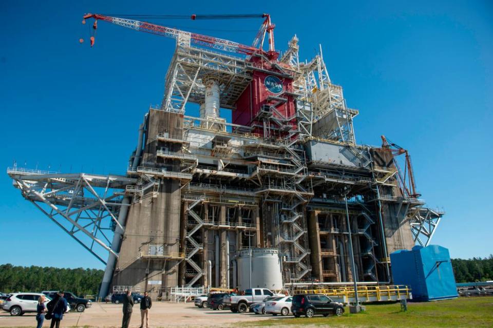 The B1 and B2 test stands at Stennis Space Center in Bay St. Louis on Wednesday, April 3, 2024. The test stand is being modified to accommodate tests for the Exploration Upper Stage, a segment of the Artemis mission rockets that will allow NASA to send heavier and larger cargo and crew into space. Hannah Ruhoff/Sun Herald