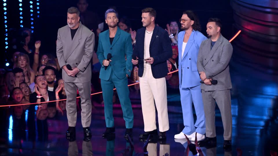 Joey Fatone, Lance Bass, Justin Timberlake, JC Chasez and Chris Kirkpatrick of NSYNC at the VMAs in 2023. - Noam Galai/Getty Images