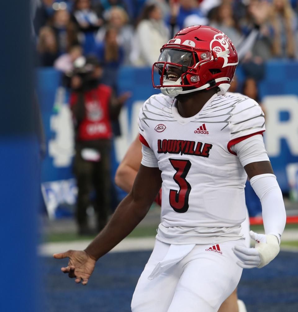 Louisville’s Malik Cunningham celebrates his touchdown against Kentucky.Nov. 26, 2022