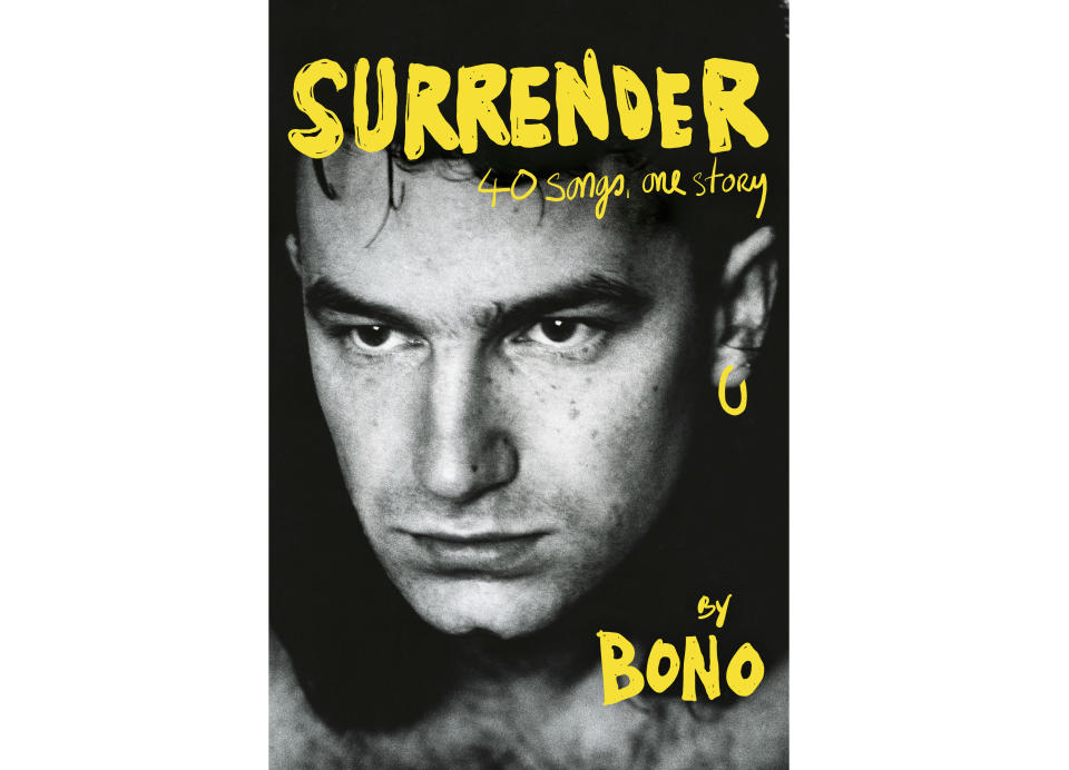 This cover image released by Knopf shows "Surrender: 40 Songs, One Story" by Bono. Live Nation and Penguin Random House announced Monday that the 62-year-old superstar will visit 14 cities in November, starting at the Beacon Theatre in Manhattan on Nov. 2 and ending Nov. 28 at the Teatro Coliseum in Madrid to promote his book. (Knopf via AP)