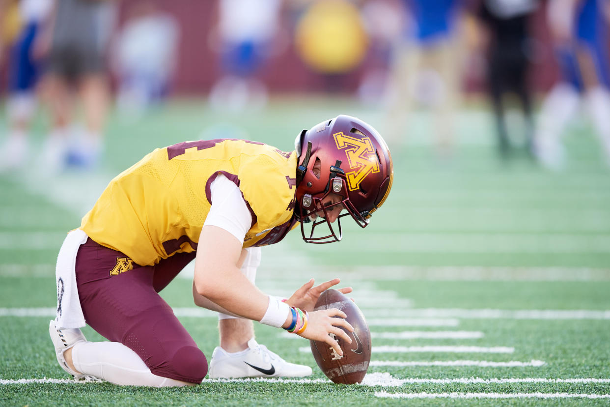 MINNEAPOLIS, MN - AUGUST 29: Casey O'Brien #14 of the Minnesota Gophers warms up before the game against the South Dakota State Jackrabbits on August 29, 2018 at TCF Bank Stadium in Minneapolis, Minnesota. The Gophers defeated the Jackrabbits 28-21. (Photo by Hannah Foslien/Getty Images)