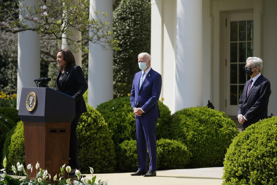 Vice President Kamala Harris accompanied by President Joe Biden and Attorney General Merrick Garland, speaks about gun violence prevention in the Rose Garden at the White House, Thursday, April 8, 2021, in Washington. (AP Photo/Andrew Harnik)