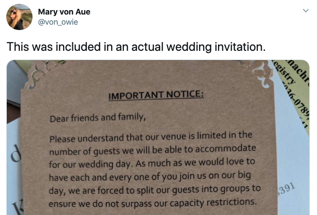 Image of Mary von Aue's 'rude' wedding invite tweet