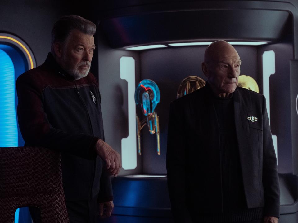 Jonathan Frakes as Riker and Patrick Stewart as Picard on season three of "Star Trek: Picard."