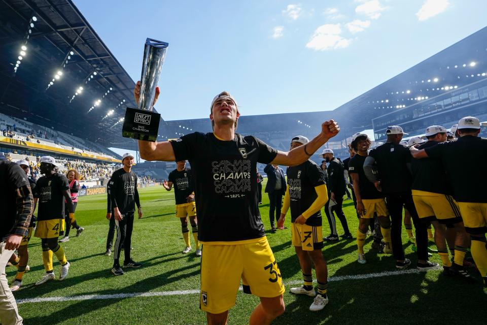 Oct 8, 2022; Columbus, Ohio, USA;  Columbus Crew 2 Jake Morris (33) celebrates the win over St. Louis CITY2 in the MLS NEXT Pro Cup Championship at Lower.com Field. Mandatory Credit: Adam Cairns-The Columbus Dispatch