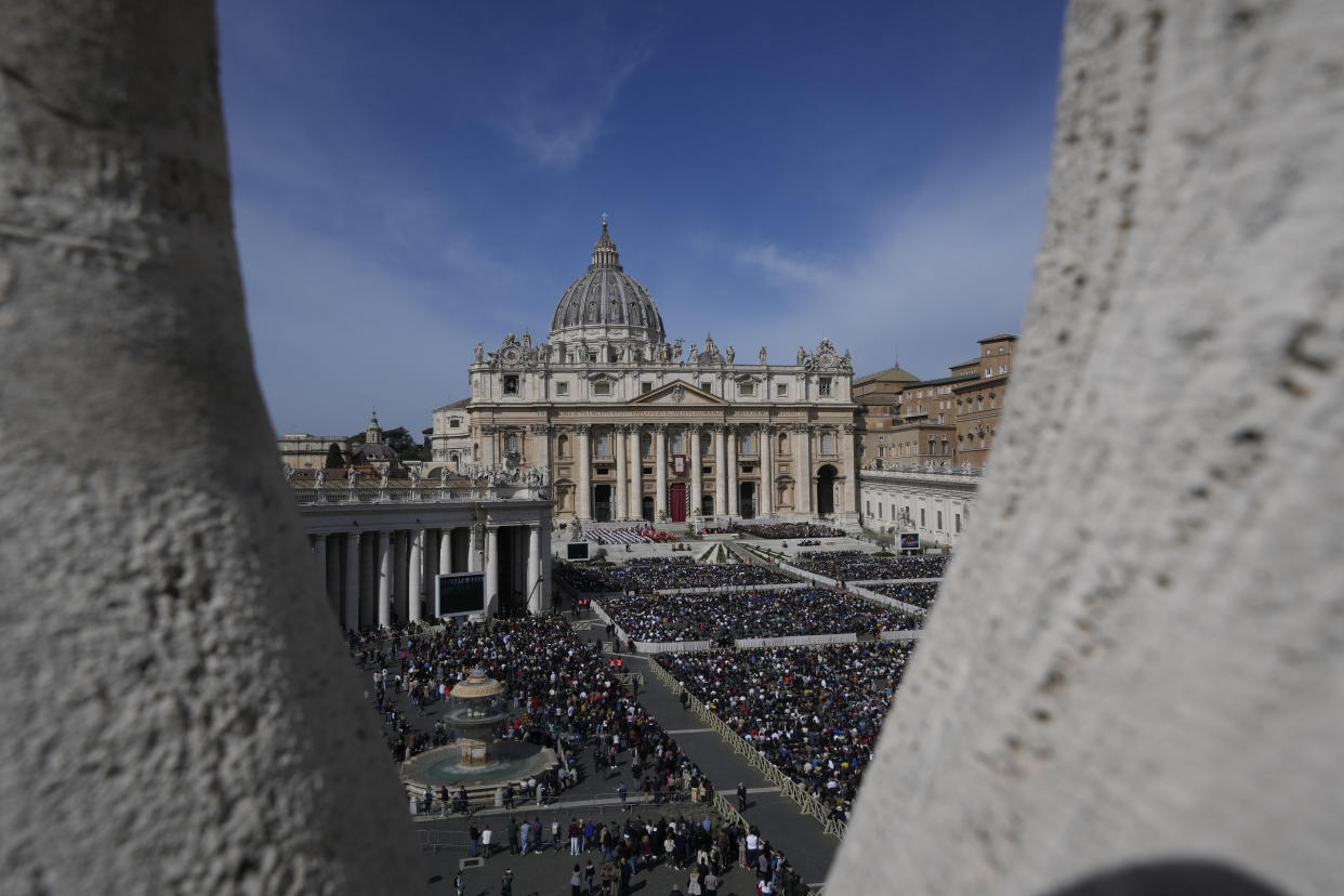 A view of the Palm Sunday's mass celebrated by Pope Francis in St. Peter's Square at The Vatican Sunday, April 2, 2023 a day after being discharged from the Agostino Gemelli University Hospital in Rome, where he has been treated for bronchitis, The Vatican said. The Roman Catholic Church enters Holy Week, retracing the story of the crucifixion of Jesus and his resurrection three days later on Easter Sunday. (AP Photo/Andrew Medichini)