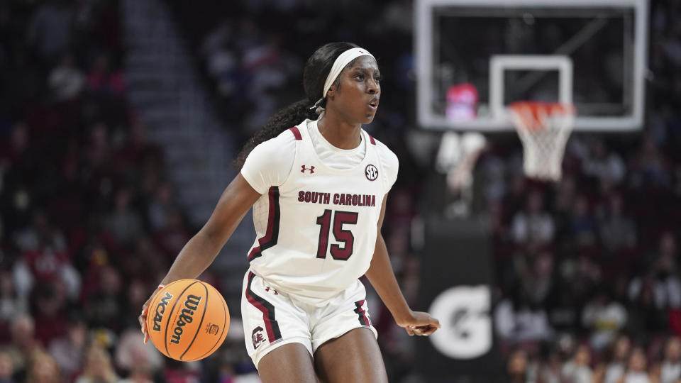 South Carolina forward Laeticia Amihere dribbles the ball during a game against Memphis on Dec. 3, 2022. (AP Photo/Sean Rayford)