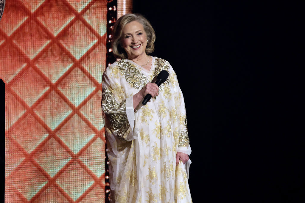 NEW YORK, NEW YORK - JUNE 16: Hillary Clinton speaks onstage during The 77th Annual Tony Awards at David H. Koch Theater at Lincoln Center on June 16, 2024 in New York City.  (Photo by Theo Wargo/Getty Images for Tony Awards Productions)