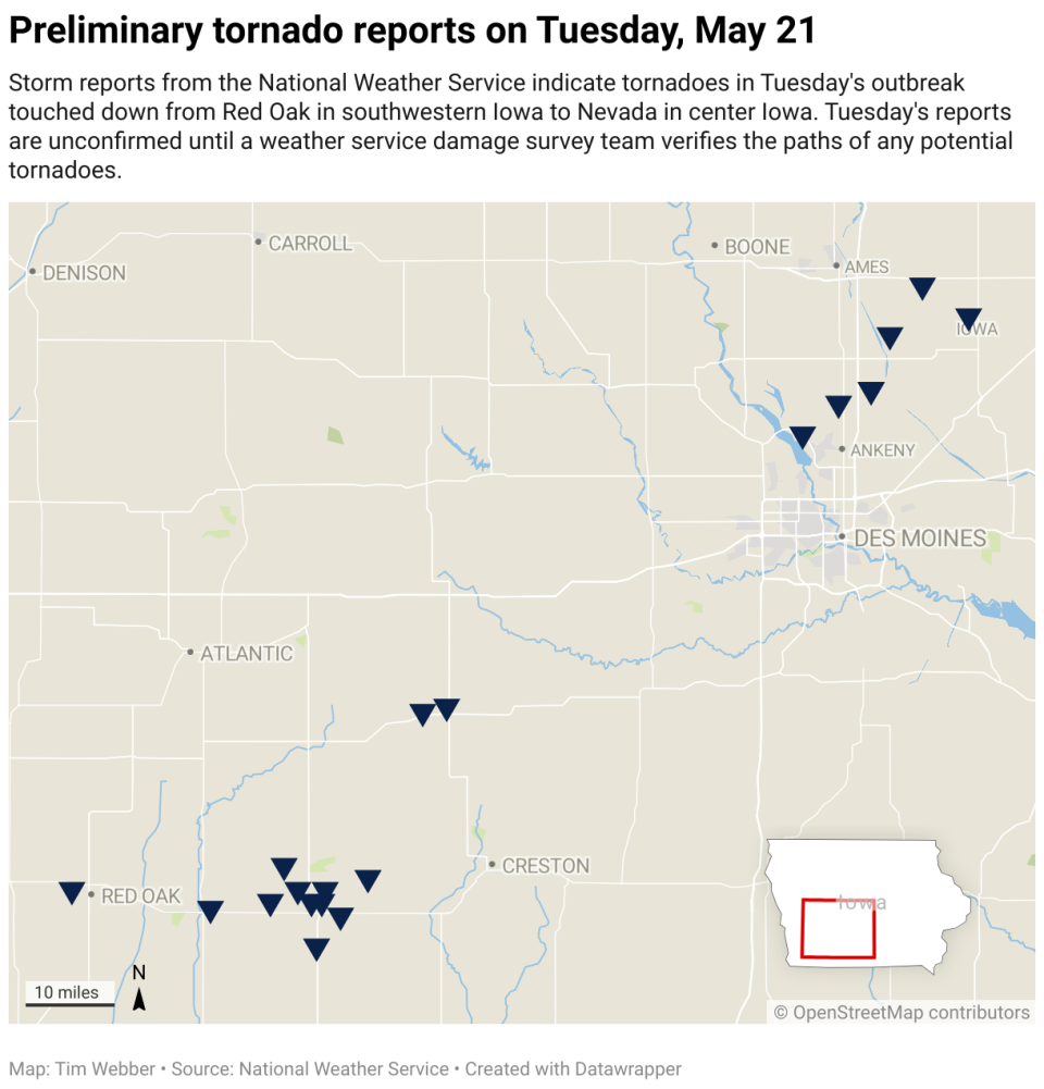 A map of tornado reports from the outbreak in Iowa on Tuesday, May 21. A total of 21 triangles indicate possible tornadoes from Red Oak to Nevada.