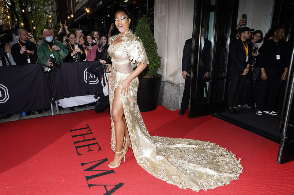 Megan Thee Stallion departs The Mark Hotel prior to attending The Metropolitan Museum of Art's Costume Institute benefit gala celebrating the opening of "In America: An Anthology of Fashion" on Monday, May 2, 2022, in New York. (Photo by Charles Sykes/Invision/AP)