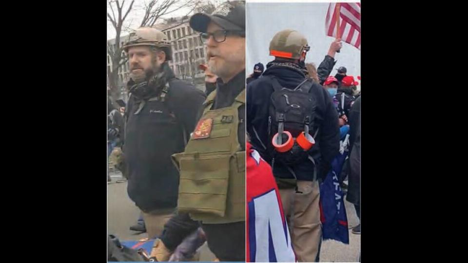 An informant told the FBI that a man identified as Christopher Kuehne of Olathe (left, in photo at left) brought orange reflective tape for KC Proud Boys to wear to identify themselves in the crowd. William Chrestman of Olathe is to the right of Kuehne. Federal court documents