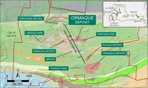 Geological map of the Lamaque Operations showing mineralized zones and infrastructure referred to in this news release.  Inset map shows outline of Lamaque Operations license holdings: Sigma-Lamaque and Sigma 2 outlined in red; Bourlamaque Property in green.