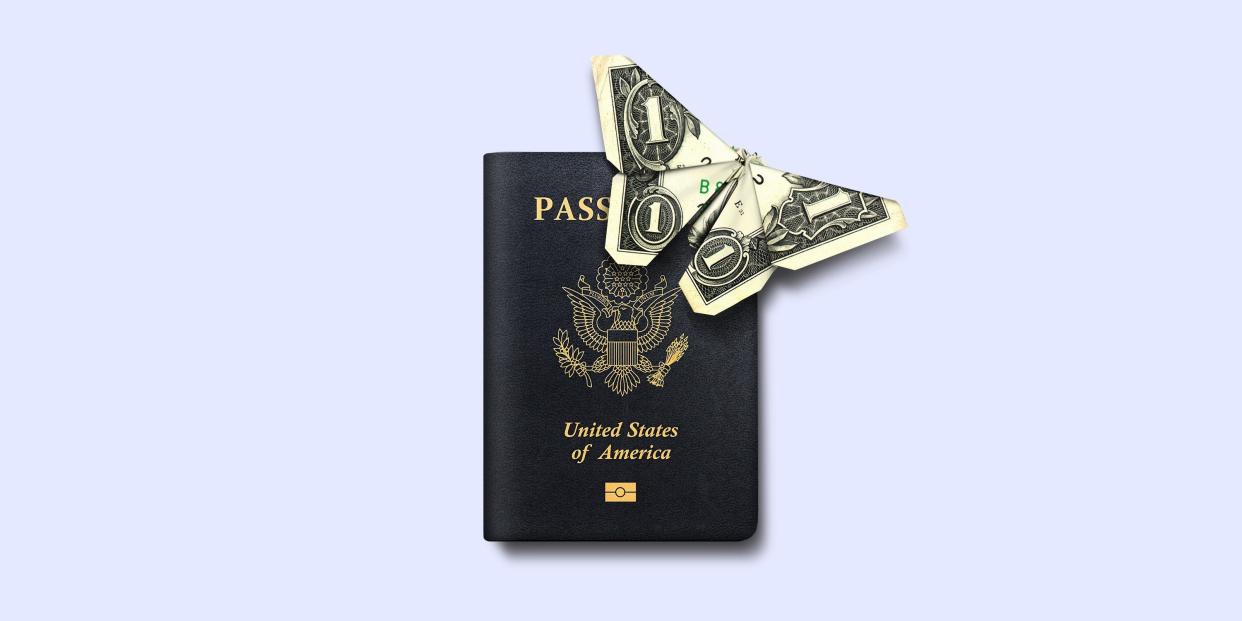 Photo illustration of a passport and money butterfly.