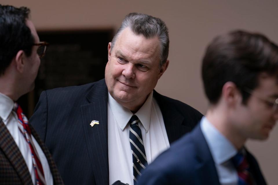 U.S. Sen. Jon Tester, D-Mont., arrives for a classified briefing on China, Wednesday, Feb. 15, 2023, at the Capitol in Washington. The Montana Democrat is expected to announce Wednesday, Feb. 22, 2023, that he will seek re-election to a fourth term.