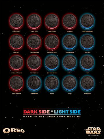 <p>oreo</p> Each cookie is embossed with one of 20 different 'Star Wars' character