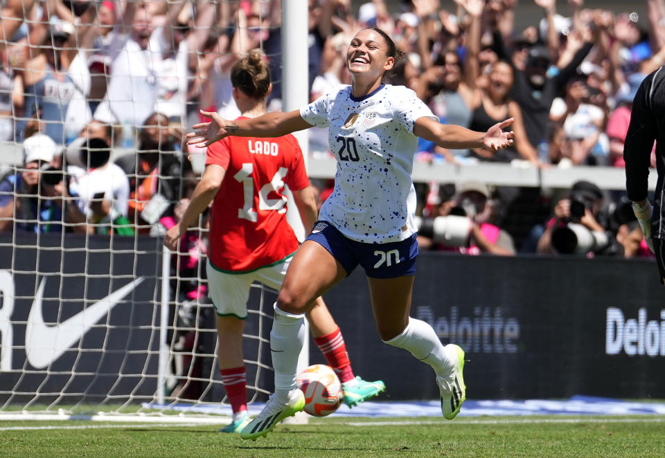 Trinity Rodman celebrates scoring during an international friendly against Wales