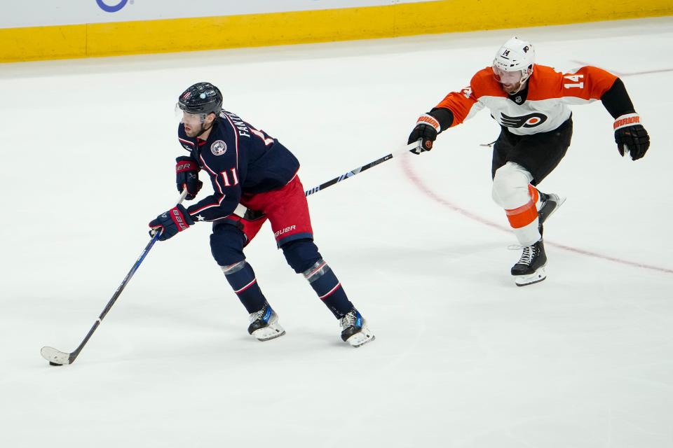 Oct 12, 2023; Columbus, Ohio, USA; Philadelphia Flyers center Sean Couturier (14) hits Columbus Blue Jackets center Adam Fantilli (11) below the belt during the second period of the NHL hockey game at Nationwide Arena.