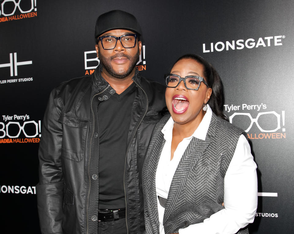 HOLLYWOOD, CA - OCTOBER 17:  Tyler Perry and Oprah Winfrey attend the premiere of 'Boo! A Madea Halloween' at ArcLight Cinemas Cinerama Dome on October 17, 2016 in Hollywood, California.  (Photo by Tibrina Hobson/Getty Images)