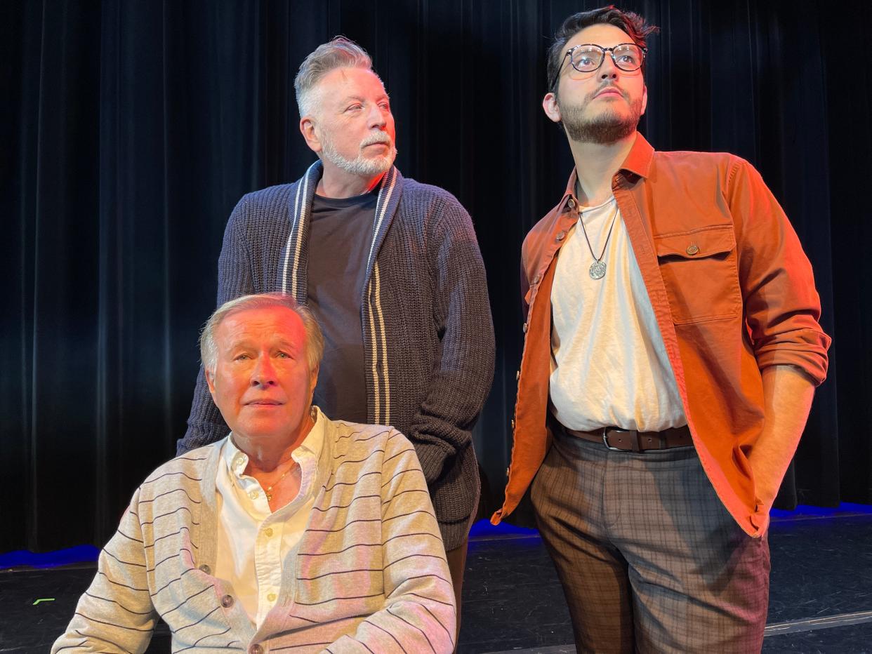 Left to right, Mark Schwamberger (seated), Frank Barnhart and Niko Carter in Evolution Theatre Company’s Ohio premiere of “The Inheritance” at the Abbey Theater