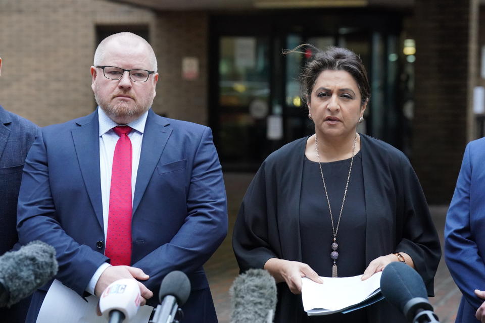 Detective Chief Inspector Iain Moor from the Bedfordshire, Cambridge and Hertfordshire major crime unit, left, and Jaswant Narwal, Chief Crown Prosecutor, CPS Thames and Chiltern, outside Southwark Crown Court. (PA)